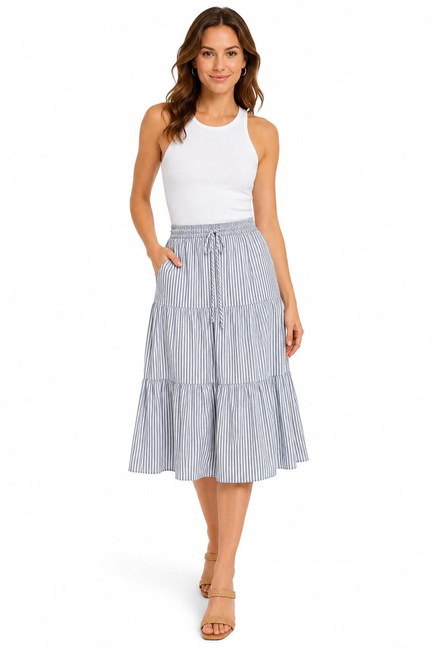 Talbots Striped Tiered Midi Skirt Size P Petite XS Blue White Seersucker Lined